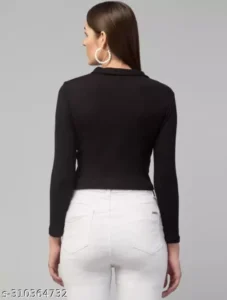 Women's Long Sleeve Collared Button Front Ribbed Crop Top Tee Shirt - Image 3