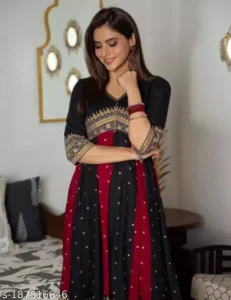 SANGOURI Black & Maroon Long Kalidaar Dress with Border Details - Image 2