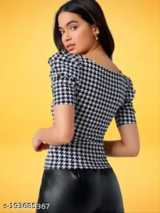 Casual Polyester Blend SweetHeart Neck Puff Sleeves Stylish Top - Image 2