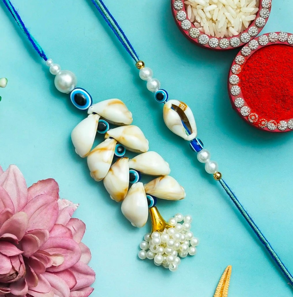 Shell Pearl Designer Bhaiya Bhabhi Rakhi with Lumba